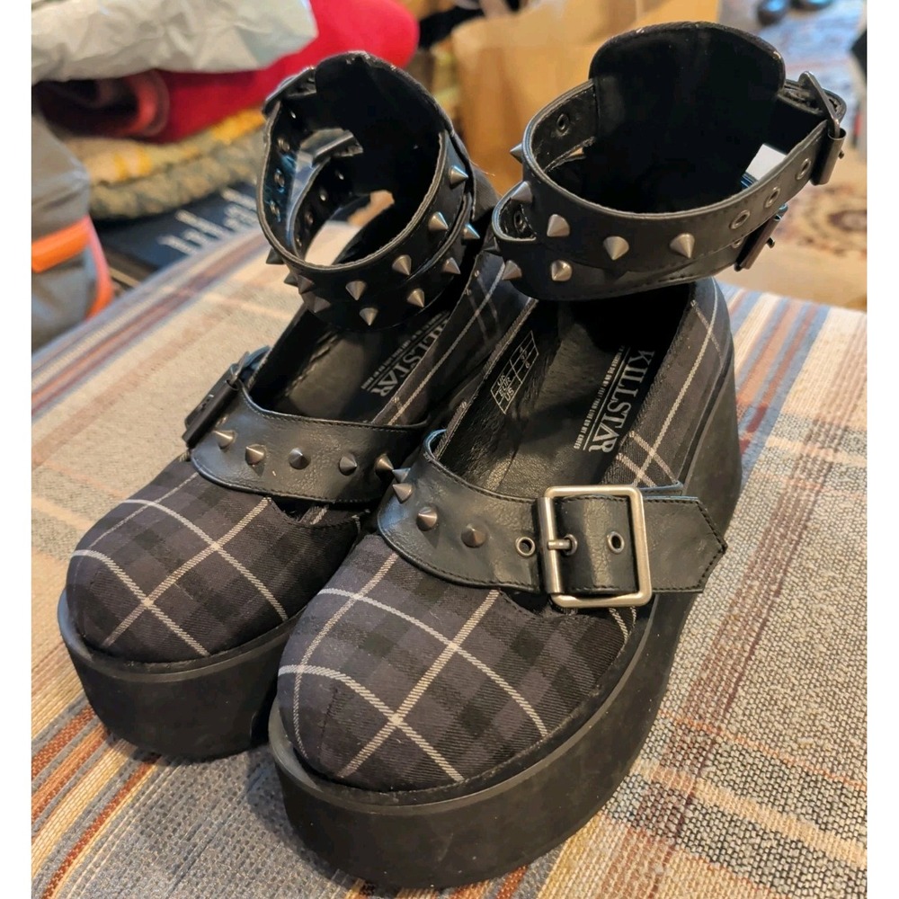 Killstar BLOODY MARY SHOES [ASH TARTAN] NWOB Size 6 Plaid Spikes Buckle 3" Heel